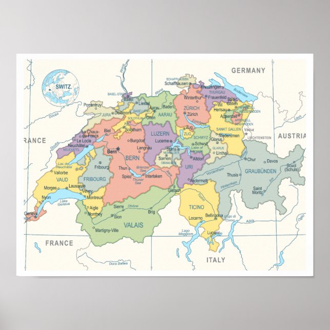 Poster Carte détaillée de la Suisse (Devant)