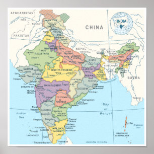 Poster Carte détaillée de l'Inde
