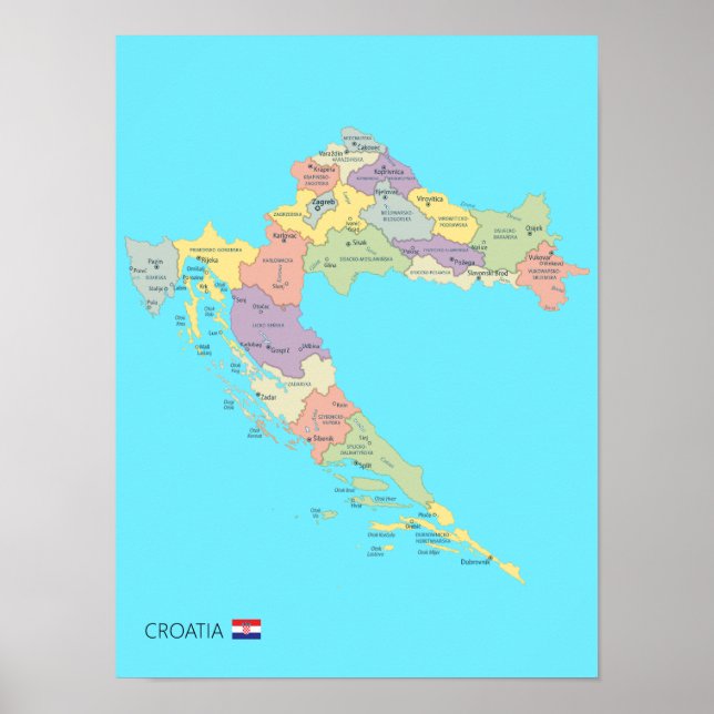 Poster Carte détaillée des régions de Croatie (Devant)