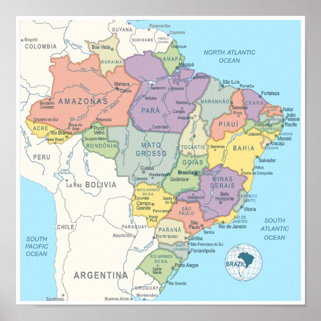 Poster Carte détaillée du Brésil (Devant)