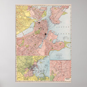Poster Carte détaillée vintage de la ville de Boston 1912