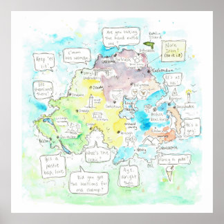 Poster Carte d'Irlande du Nord excentrique avec des mots.