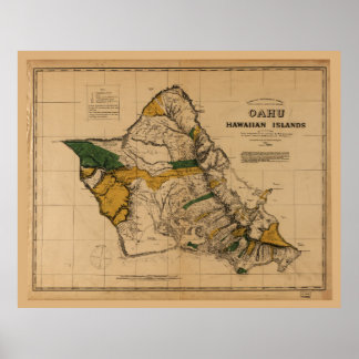 Poster Carte d'Oahu, Hawaiian Island (1881)