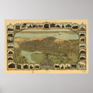 Poster Carte d'Oakland, Oiseau-Oeil View, 1900