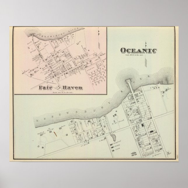 Poster Carte d'Océanic et Fair Haven, NJ (Devant)