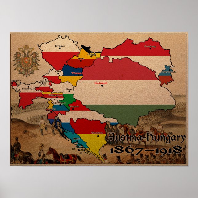 Poster Carte Drapeau Autriche Hongrie (Devant)