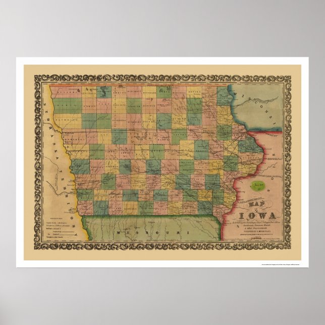 Poster Carte du chemin de fer Iowa 1855 (Devant)