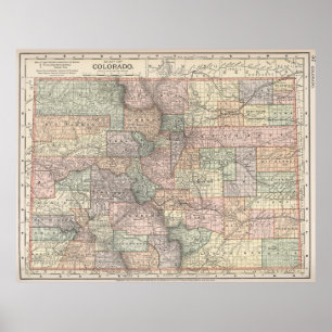 Poster Carte du Colorado avec les villes et comtés (1891)