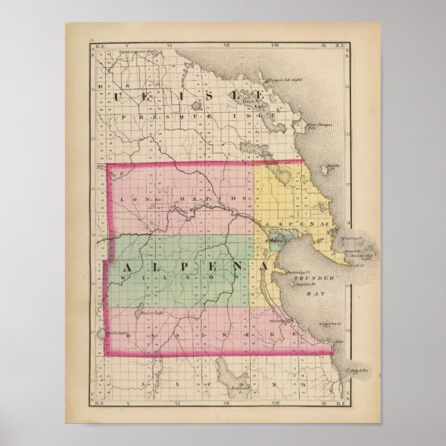 Poster Carte du comté d'Alpena, Michigan (Devant)