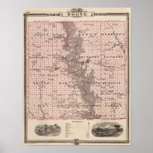 Poster Carte du comté de Boone, État de l'Iowa (Devant)