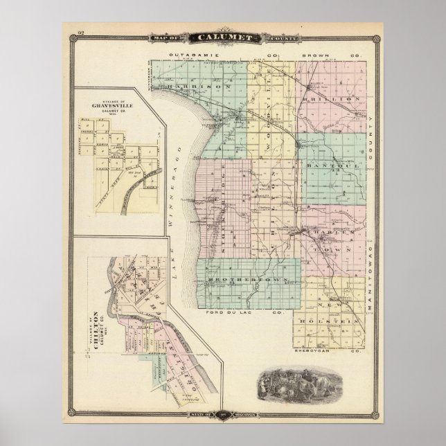 Poster Carte du comté de Calumet, État du Wisconsin (Devant)