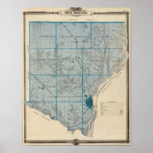 Poster Carte du comté de Des Moines, État de l'Iowa