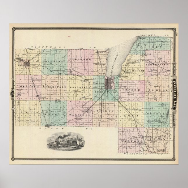Poster Carte du comté de Fond du Lac, État du Wisconsin (Devant)