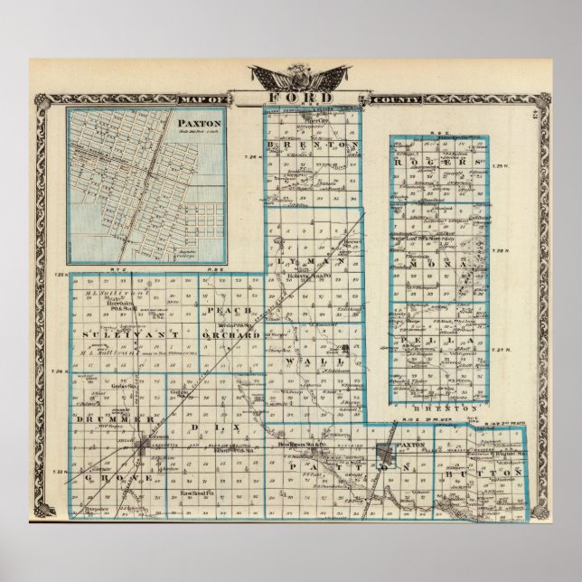 Poster Carte du comté de Ford et de Paxton (Devant)
