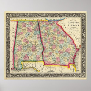 Poster Carte Du Comté De Géorgie Et Alabama