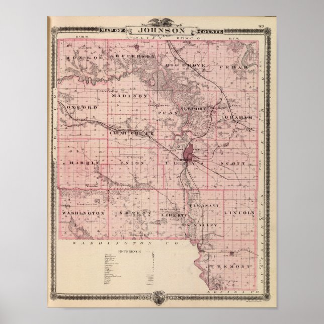 Poster Carte du comté de Johnson, État de l'Iowa (Devant)