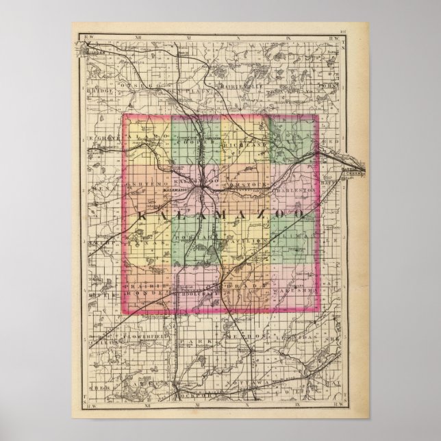 Poster Carte du comté de Kalamazoo, Michigan (Devant)