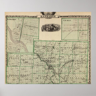 Poster Carte du comté de Kankakee, de Kankakee et de