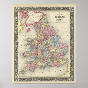 Poster Carte Du Comté De L'Angleterre Et Du Pays De Galle