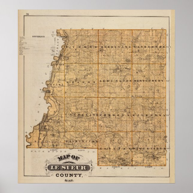 Poster Carte du comté de Le Sueur, Minnesota (Devant)