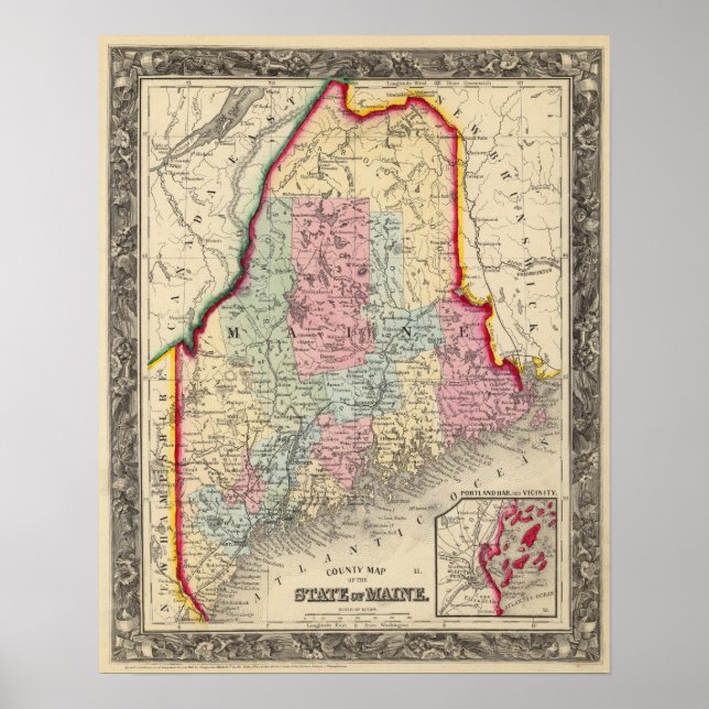 Poster Carte Du Comté De L'État Du Maine (Devant)