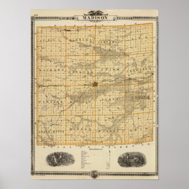 Poster Carte du comté de Madison, État de l'Iowa (Devant)