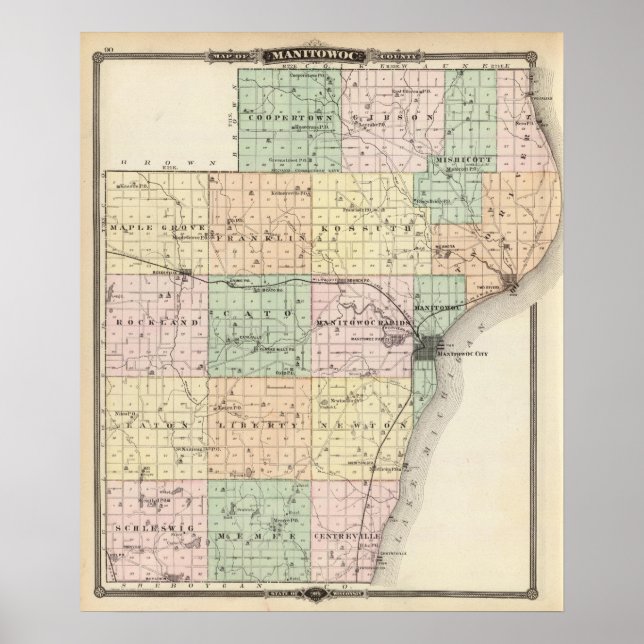 Poster Carte du comté de Manitowoc, État du Wisconsin (Devant)