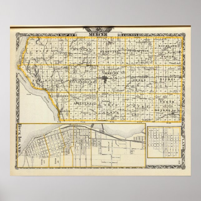 Poster Carte du comté de Mercer, Rock Island et Plano (Devant)