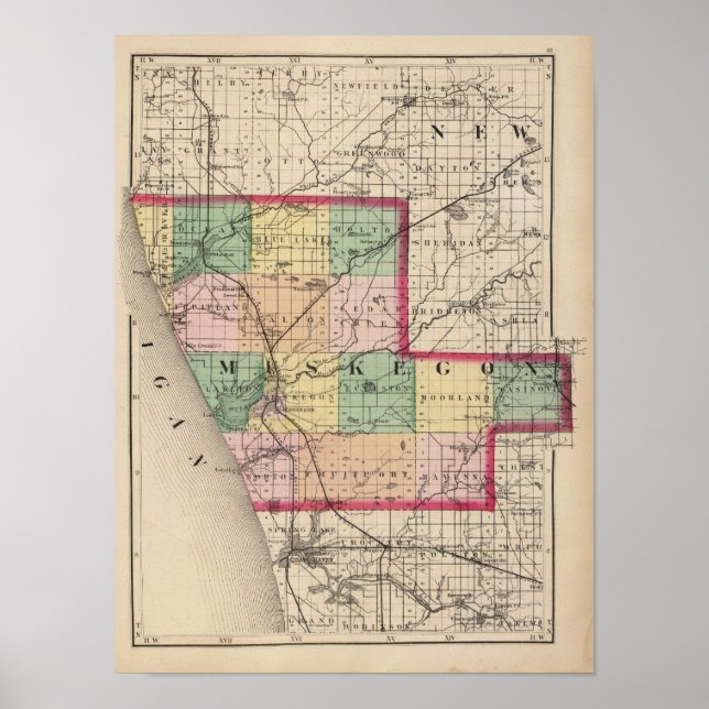 Poster Carte du comté de Muskegon, Michigan (Devant)