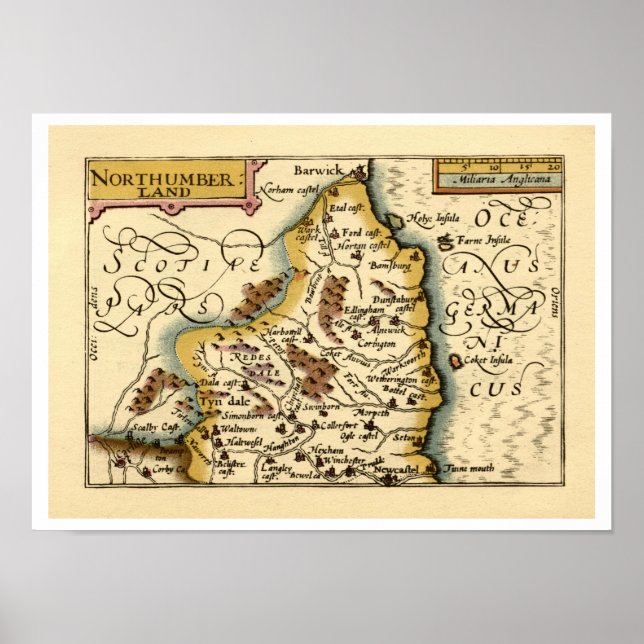 Poster Carte du comté de Northumberland, Angleterre (Devant)