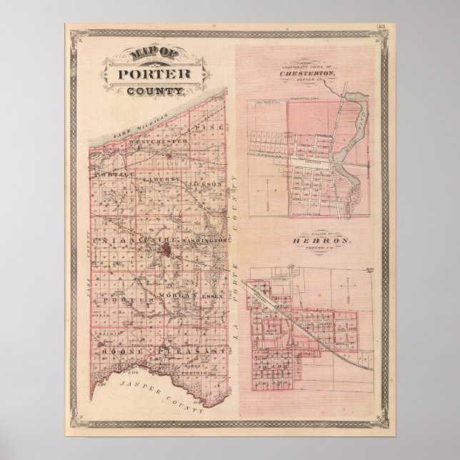 Poster Carte du comté de Porter avec Chesterton, Hébron (Devant)