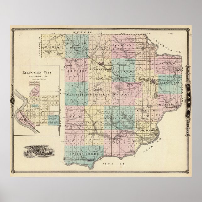 Poster Carte du comté de Sauk et de Kilbourn City (Devant)
