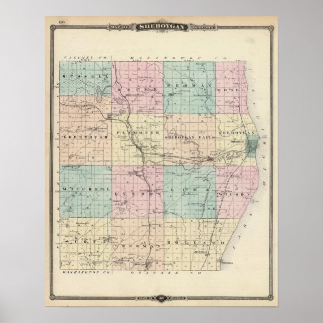 Poster Carte du comté de Sheboygan, État du Wisconsin (Devant)