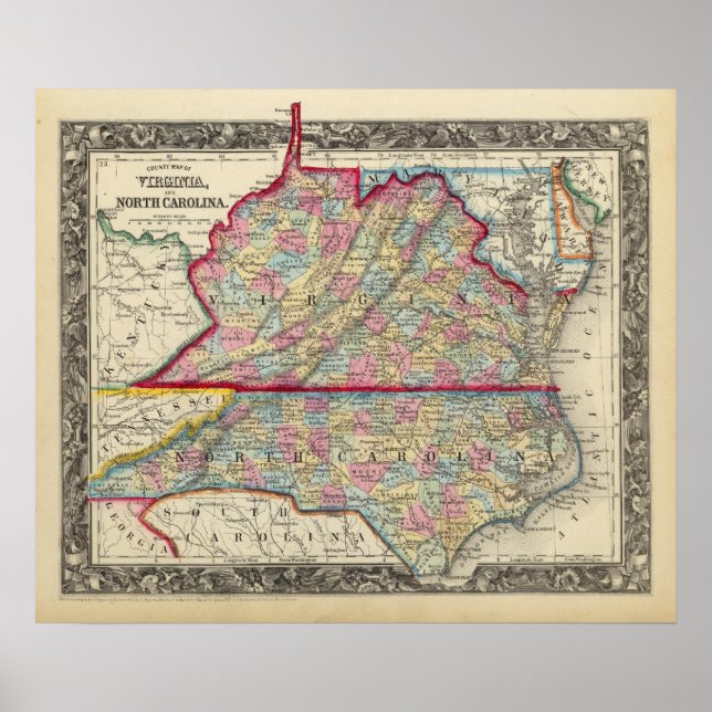 Poster Carte du comté de Virginie et Caroline du Nord (Devant)