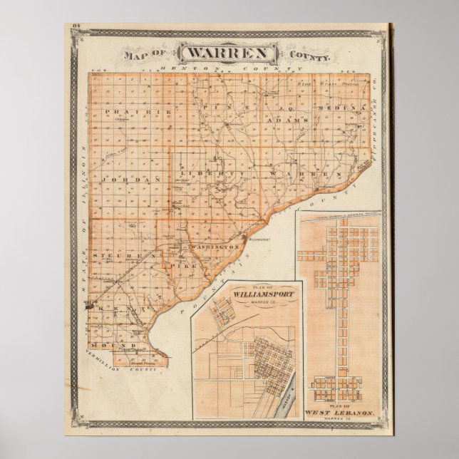 Poster Carte du comté de Warren avec plan du Liban-Ouest (Devant)