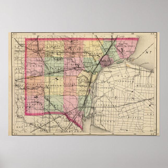 Poster Carte du comté de Wayne, Michigan (Devant)