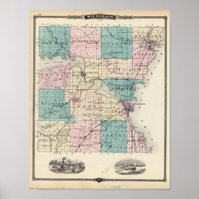 Poster Carte du comté de Winnebago, État du Wisconsin (Devant)