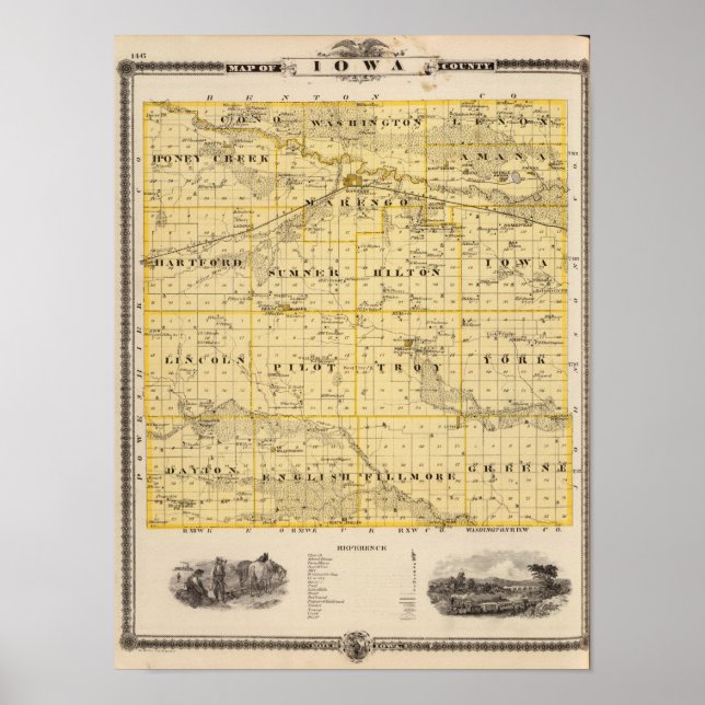 Poster Carte du comté d'Iowa, État de l'Iowa (Devant)