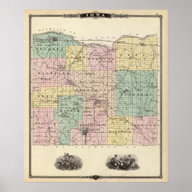 Poster Carte du comté d'Iowa, État du Wisconsin (Devant)