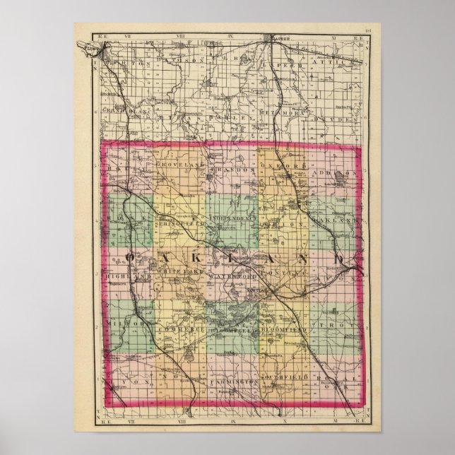 Poster Carte du comté d'Oakland, Michigan (Devant)