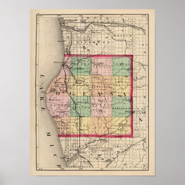 Poster Carte du comté d'Oceana, Michigan (Devant)