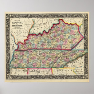 Poster Carte du comté du Kentucky, et du Tennessee