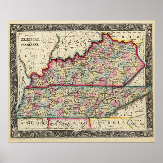 Poster Carte Du Comté Du Kentucky Et Du Tennessee (Devant)