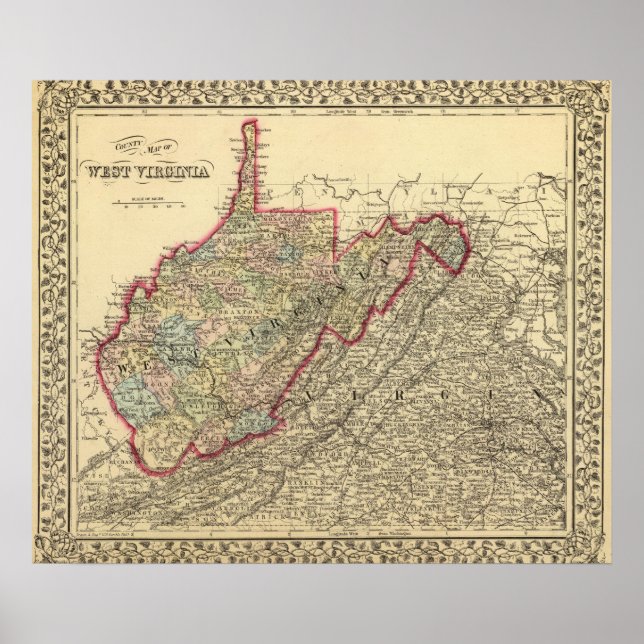 Poster Carte du comté Virginie occidentale (Devant)