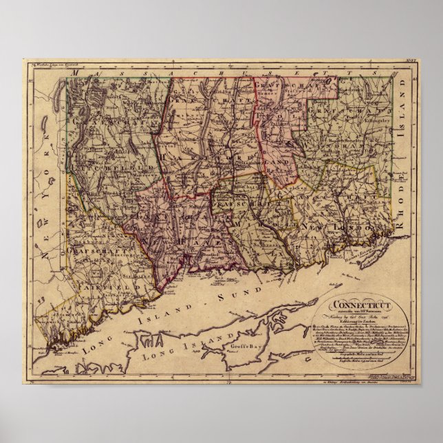 Poster Carte du Connecticut vintage 1796 (Devant)