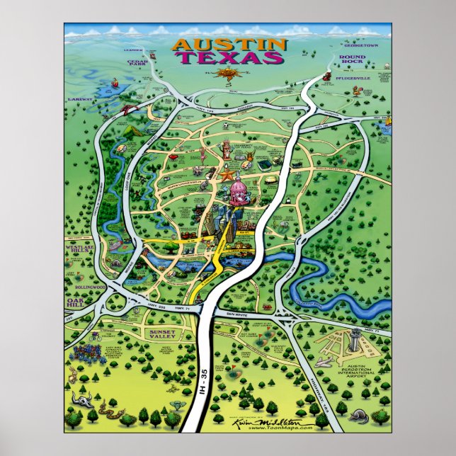 Poster Carte du dessin animé Austin Texas (Devant)