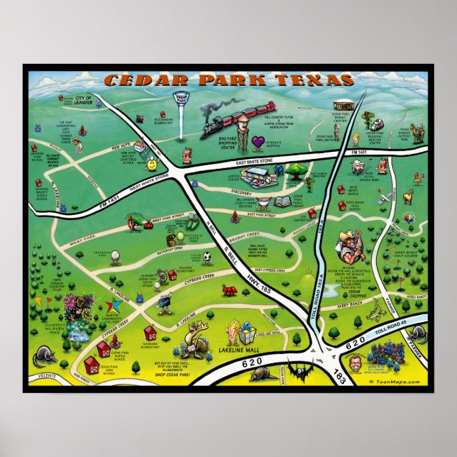 Poster Carte du dessin animé Cedar Park Texas (Devant)