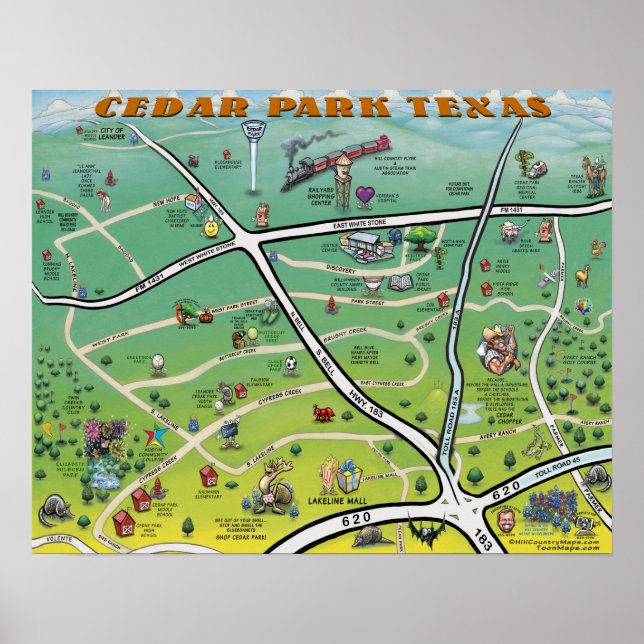 Poster Carte du dessin animé Cedar Park Texas (Devant)
