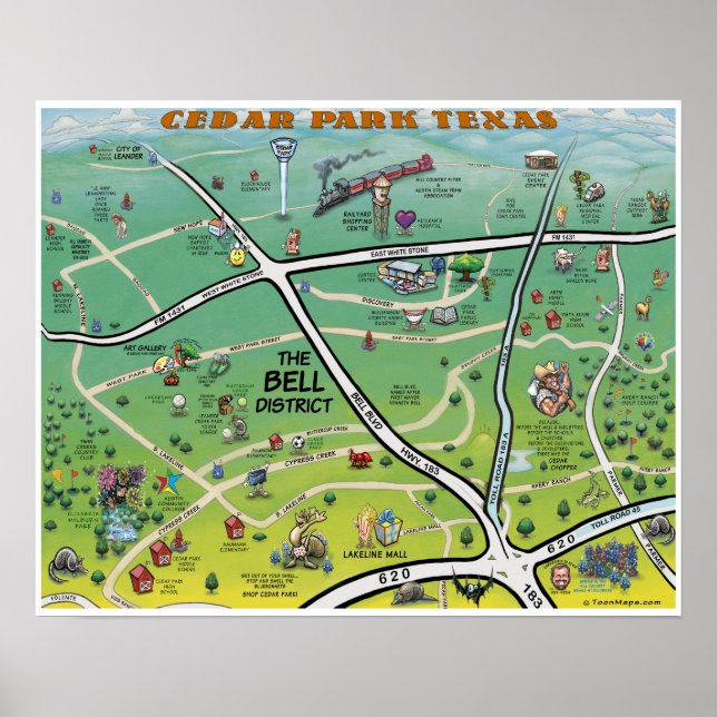 Poster Carte du dessin animé Cedar Park Texas (Devant)