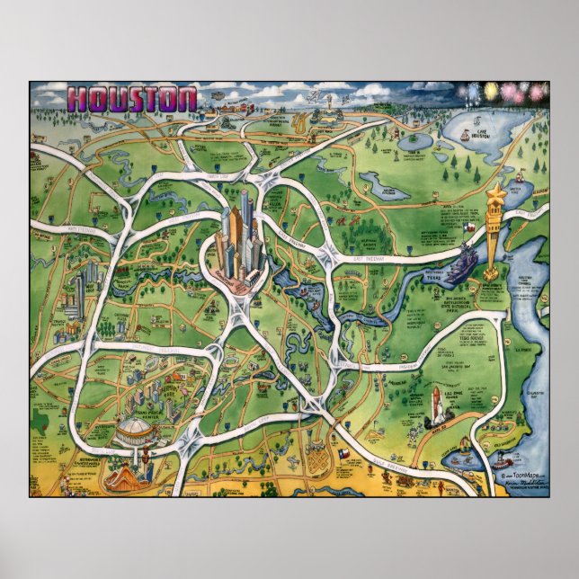 Poster Carte du dessin animé de Houston au Texas (Devant)